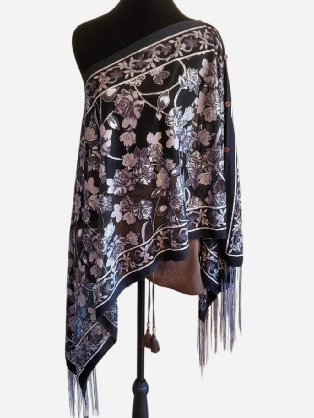 LVS Collection Burnout Gray Floral Shawl Topper Scarf Multi wear OS Whimsigoth